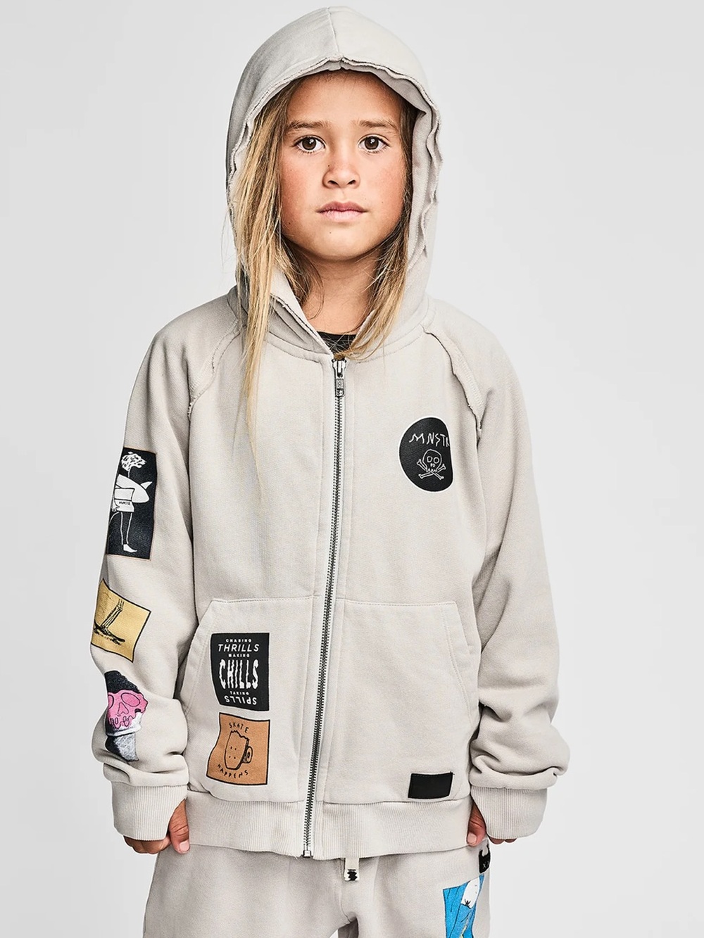 Kids Light Gray Zip-Up Hoodie with Patch Details